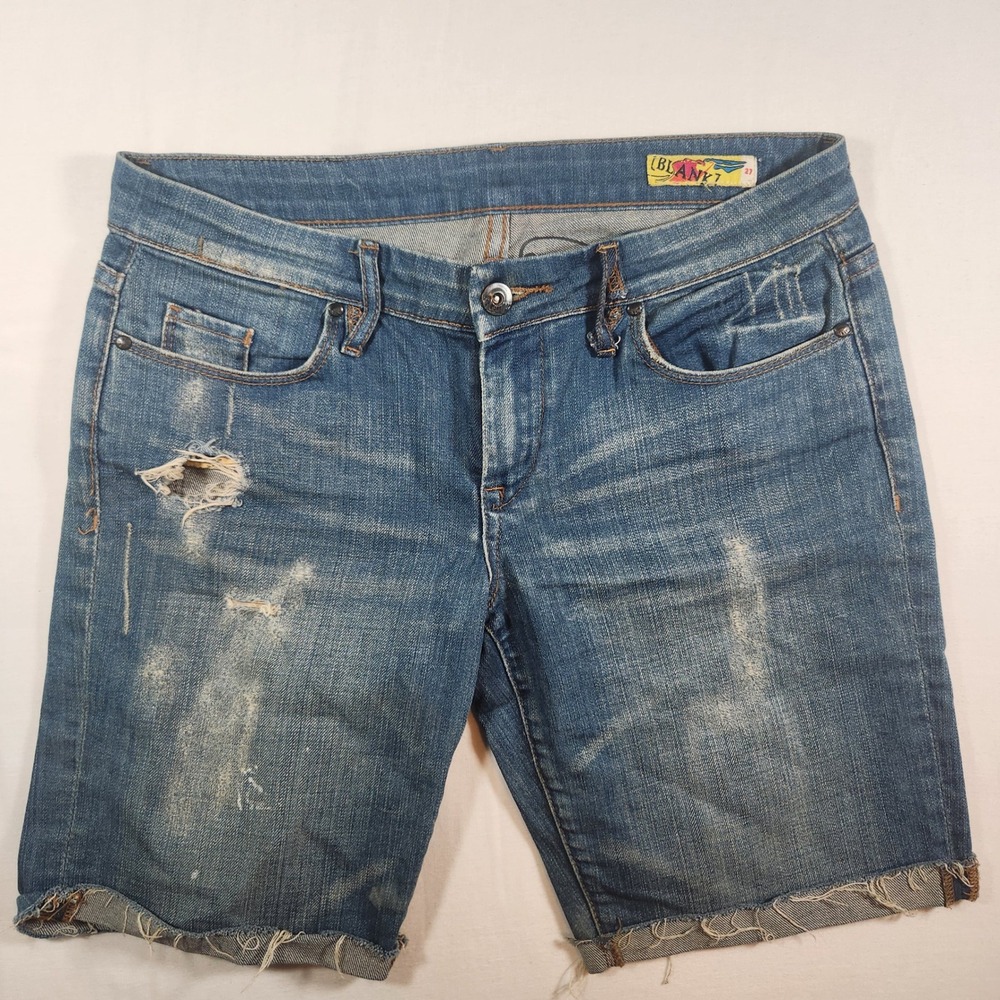 Blank NYC Distressed Denim Jean Shorts Medium Wash Raw Hem Size 27